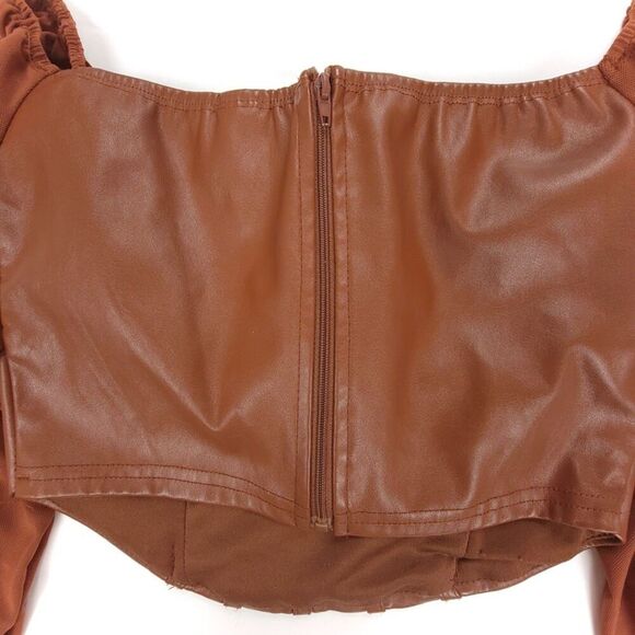 WINDSOR Edgy Luxe Off The Shoulder Corset Top Womens Small Brown Mesh Leather - Picture 5 of 8